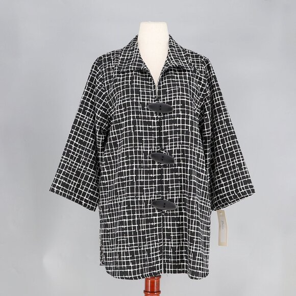 NWT CAROLINE ROSE A-Line Grid Print Jacket Oversized Button Black White Size L - Picture 1 of 8